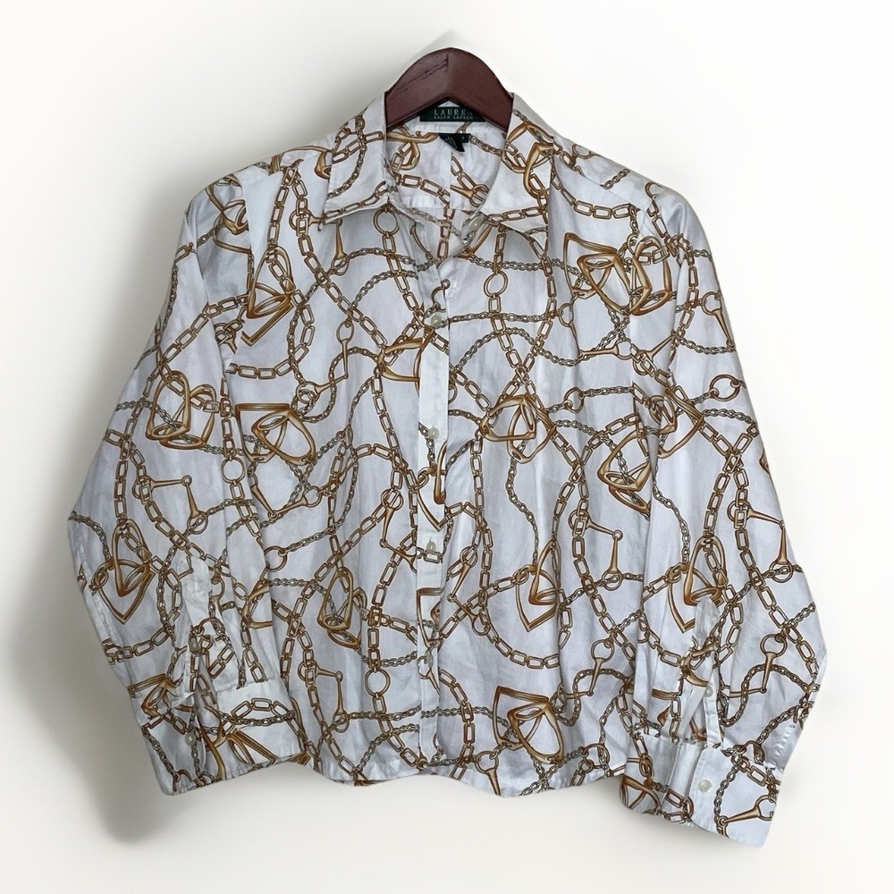 VTG 90s Lauren Ralph Lauren Equestrian Blouse Shirt Top Button Cropped 3/4 Sleev
